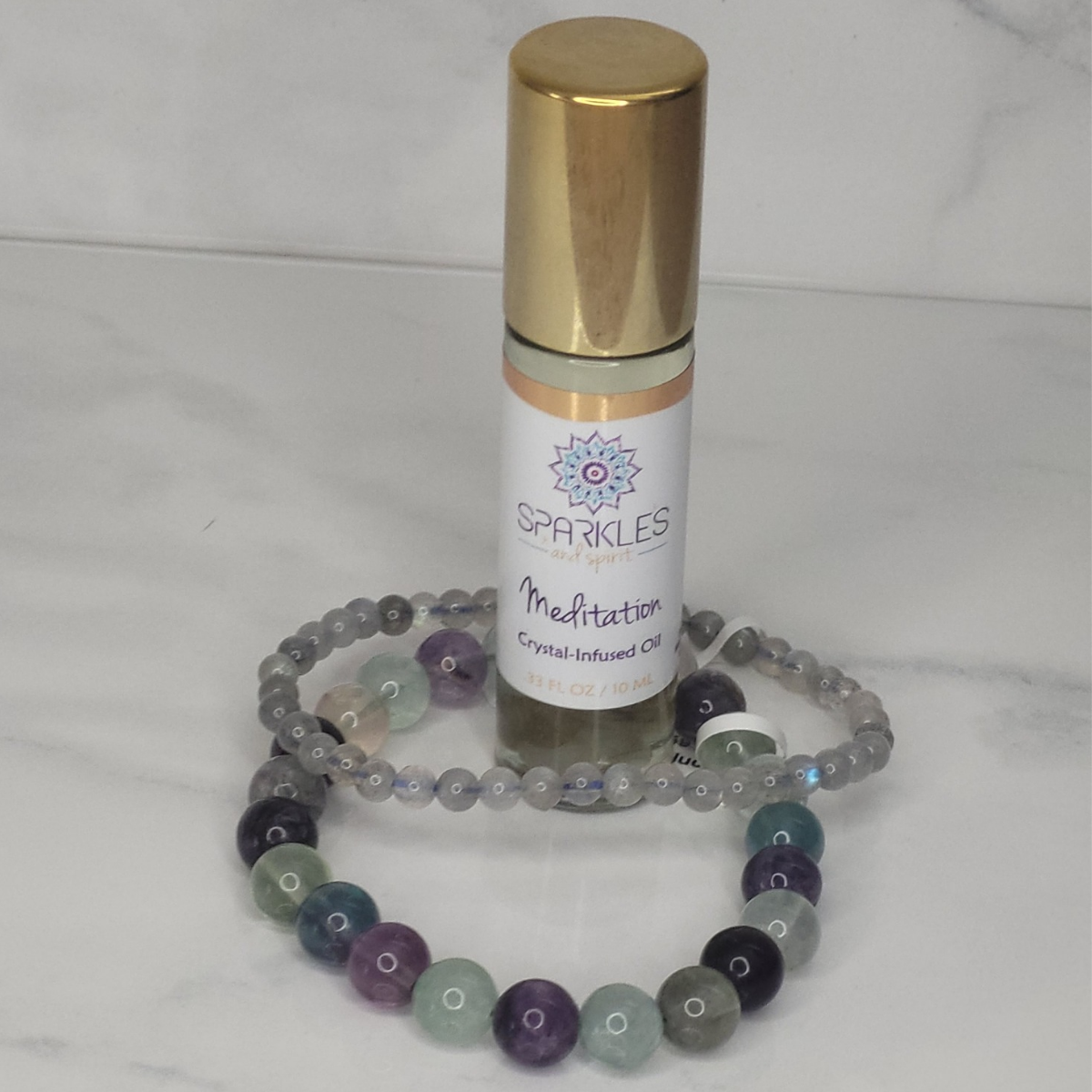 Meditation Crystal-Infused Oil, 8mm Fluorite, and 4mm Labradorite bracelets