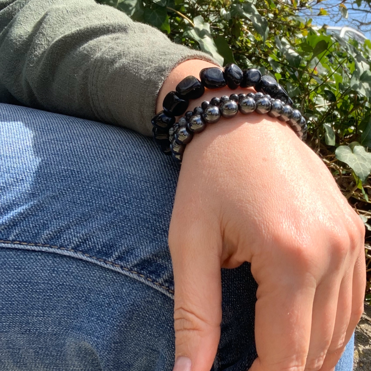 Black obsidian chunky bracelet 12mm, Snowflake Obsidian Bracelet, Hematite Bracelet