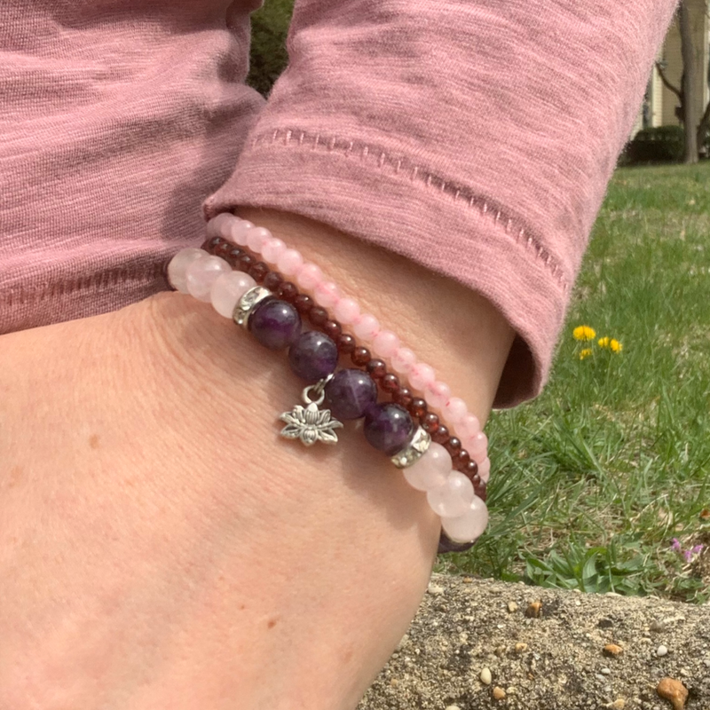 Amethyst and rose quartz with lotus Om bracelet, 4mm Garnet Bracelet, 5mm Rose quartz bracelet