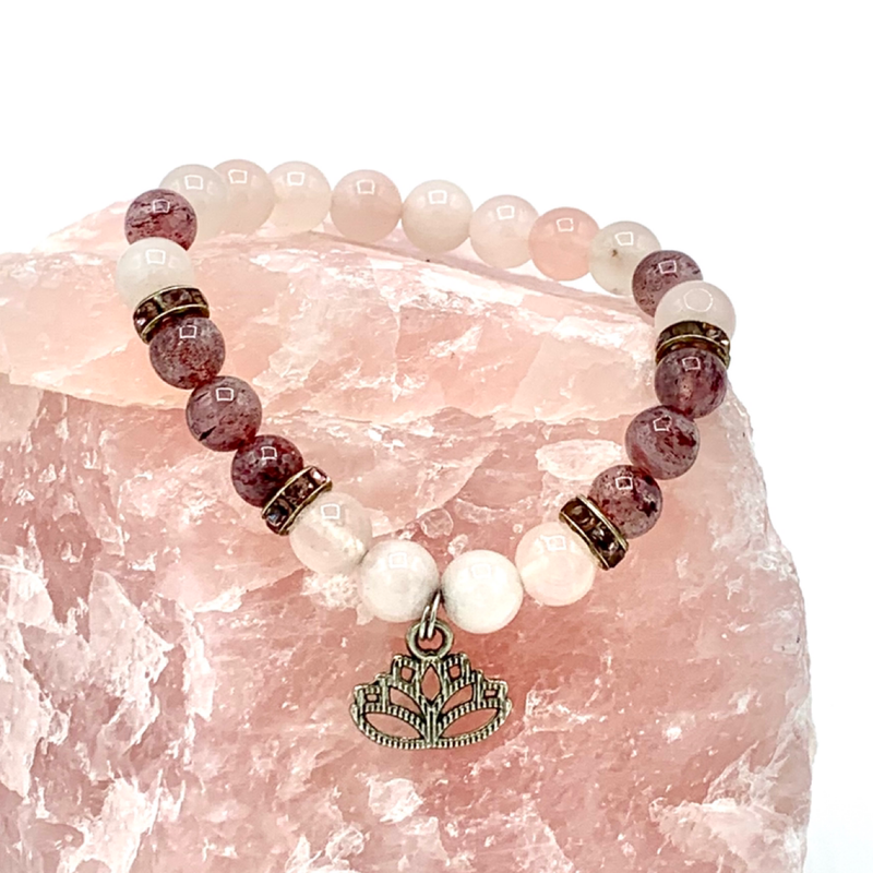 Rose quartz and strawberry quartz lotus bracelet