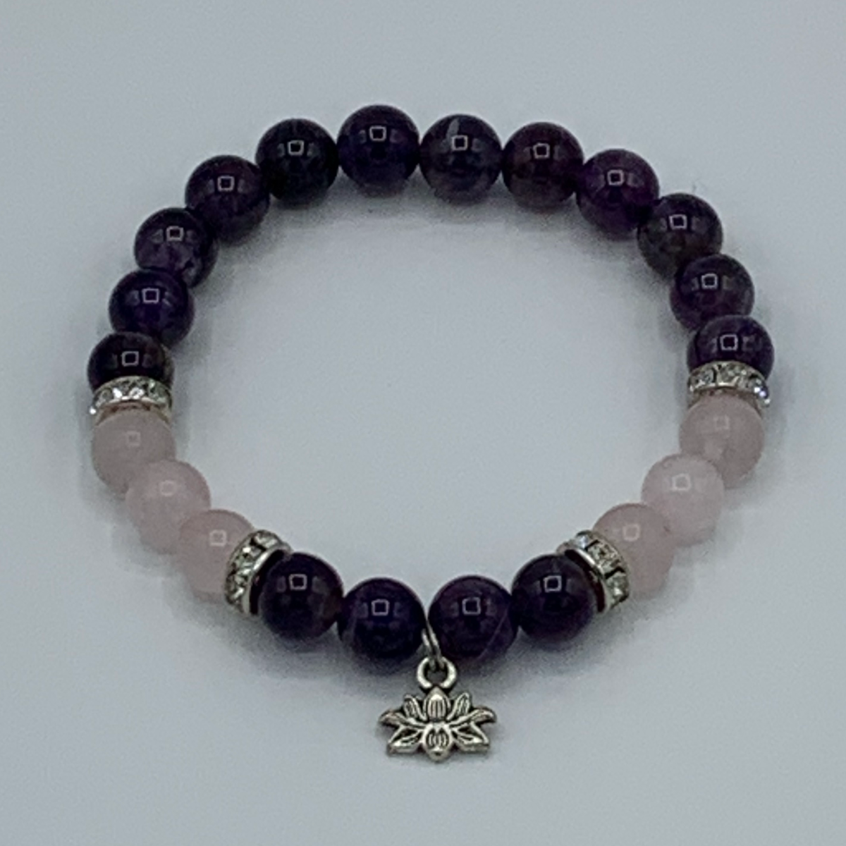 Amethyst and rose quartz with lotus Om bracelet