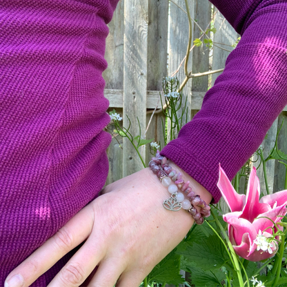 Rose quartz and strawberry quartz lotus bracelet,  pink tourmaline chip bracelet