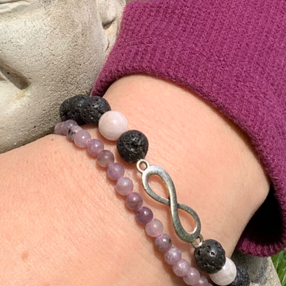 Lava and Kunzite Infinity Symbol Bracelet, lepidolite  bracelet 4mm