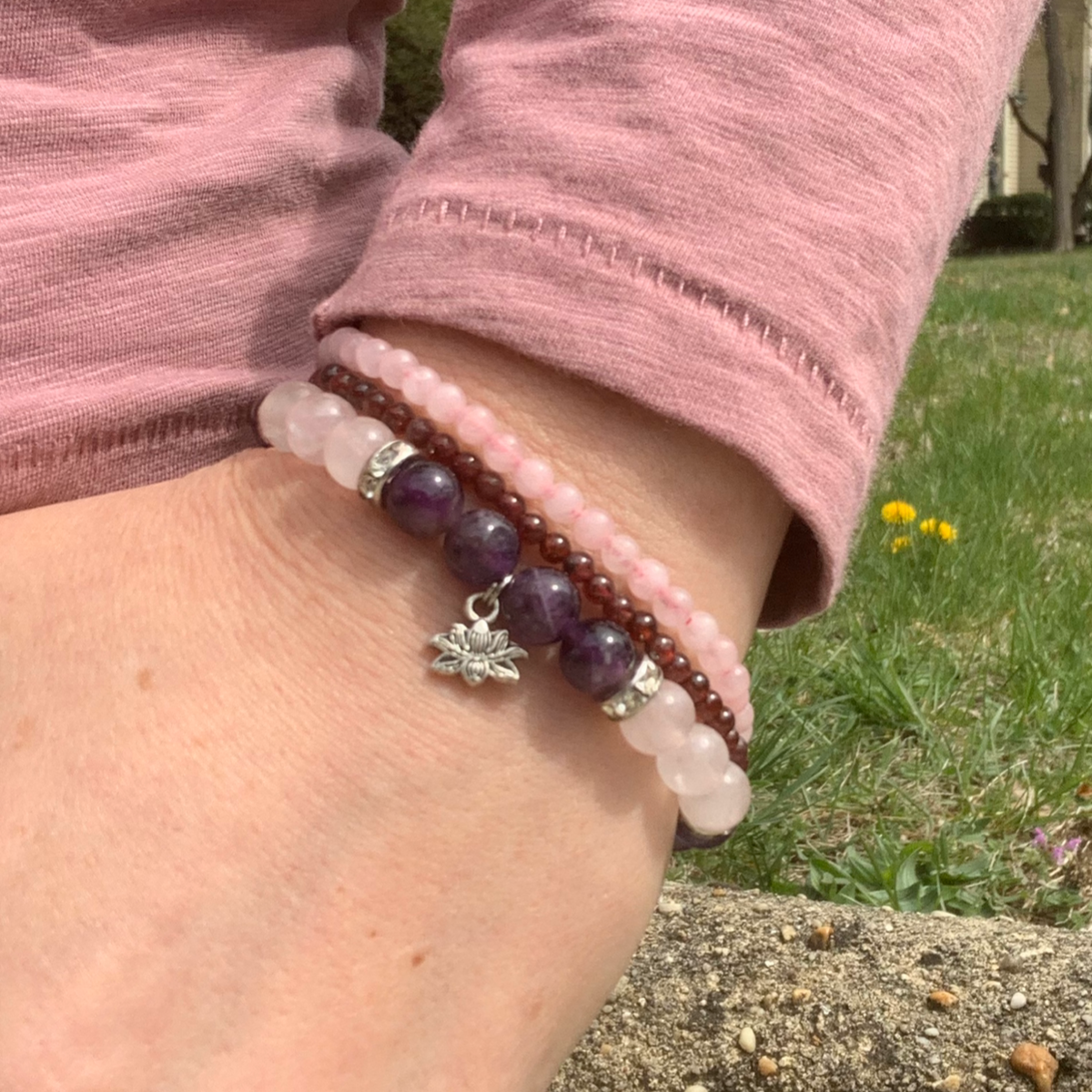 Garnet bracelet, rose quartz bracelet, rose quartz amethyst lotus bracelet 
