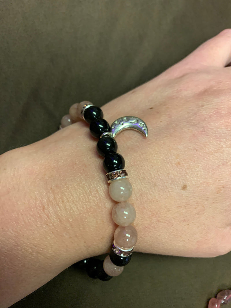 Strawberry quartz and onyx crescent moon bracelet